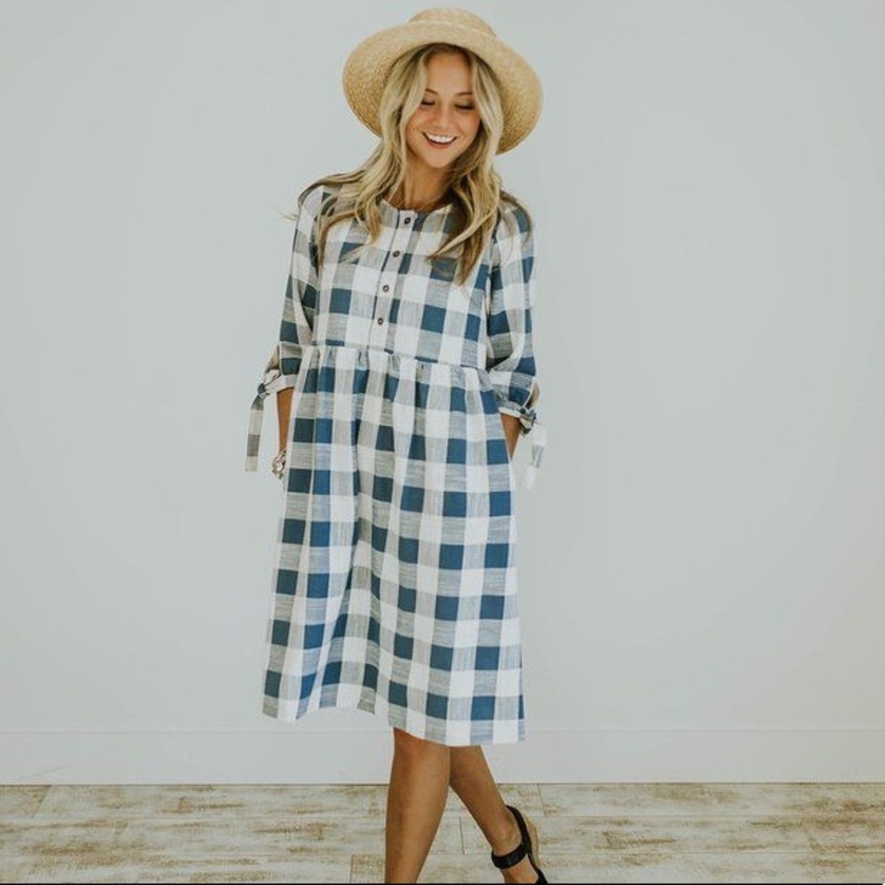 Roolee Blue & White Plaid Button-Front Midi Dress